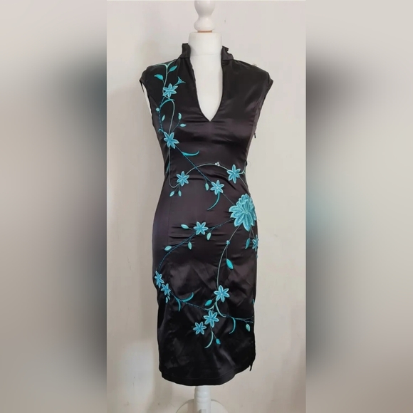 Jane Norman Dresses & Skirts - Y2K Jane Norman black satin oriental dress size 10 pencil wiggle vintage floral